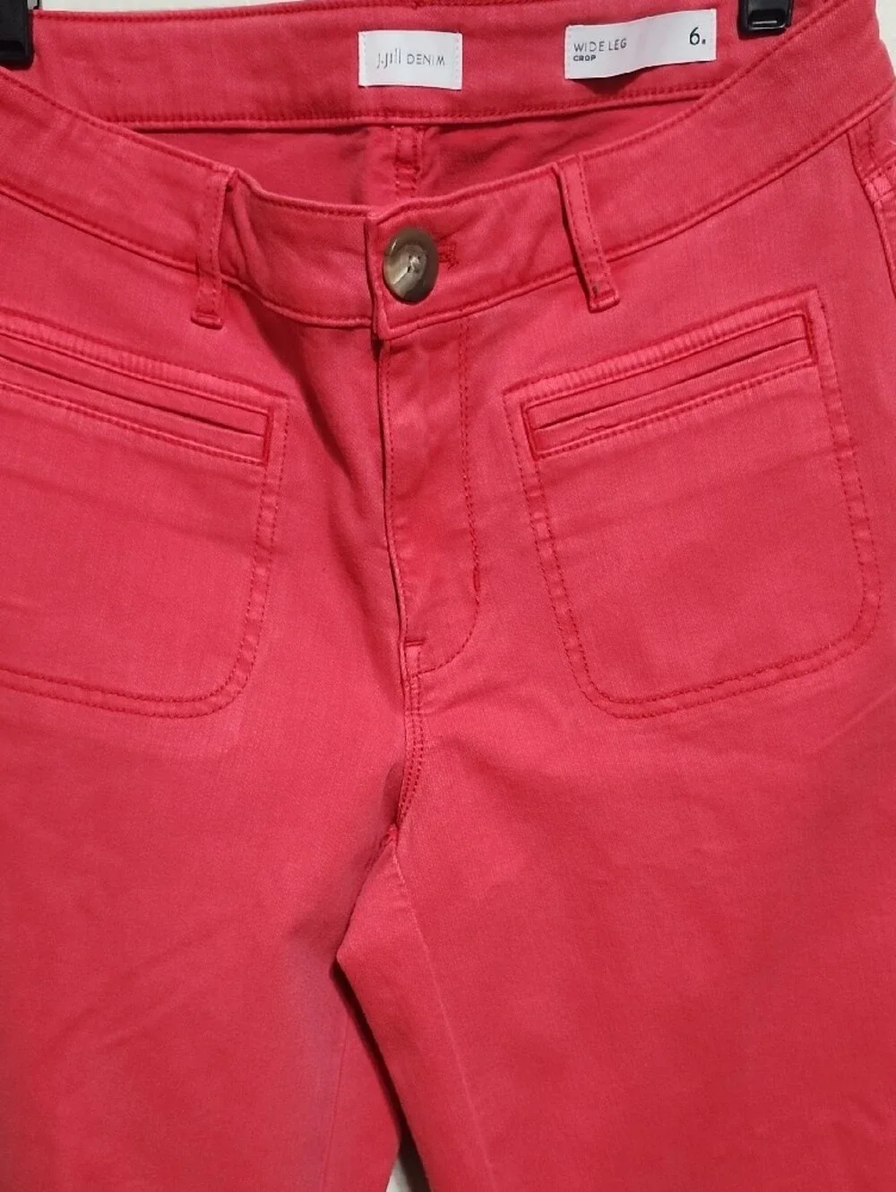 J. Jill Wide-Leg Cropped Denim Pants Red Coral Patch Pocket Sz 6R Fringe Hem